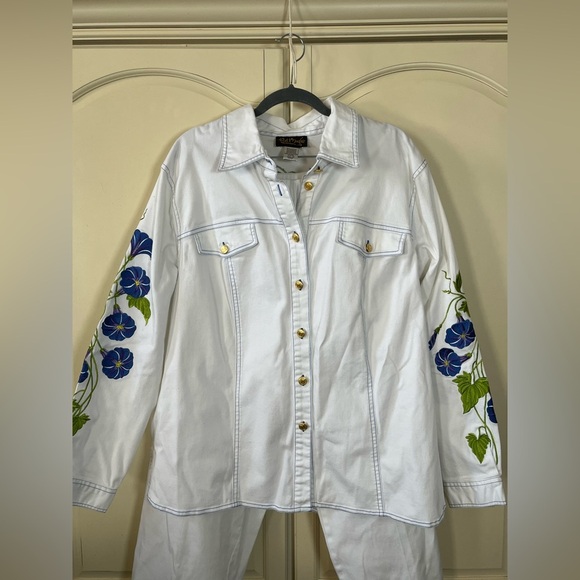 Bob Mackie Wearable Art Morning Glory Embroidered Jeans Jacket Pants Set Size 1X - Picture 5 of 10
